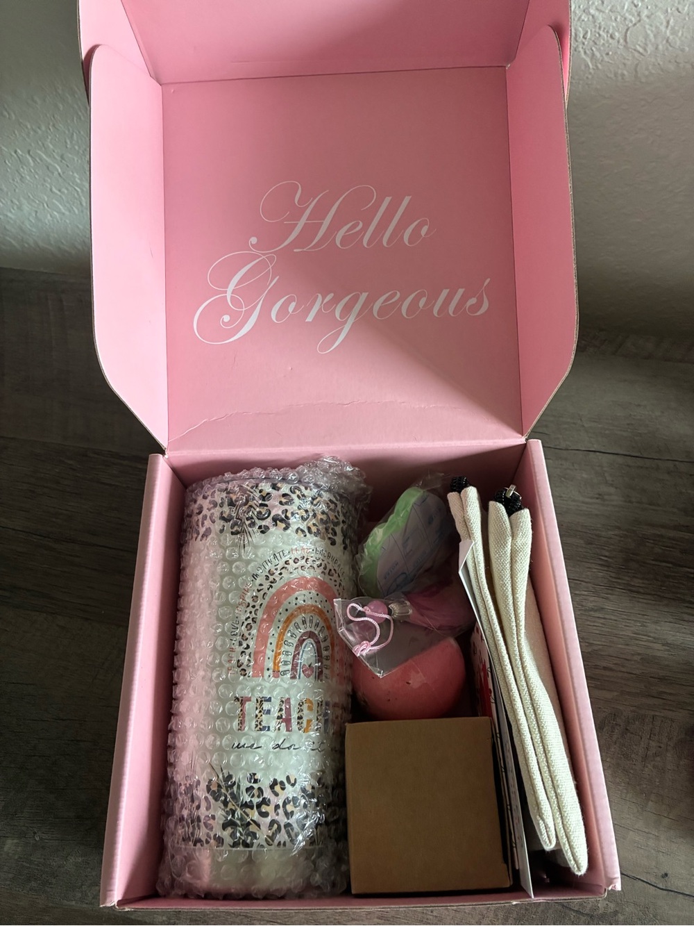 Pink Gift Box with Rainbow 'Teacher' Tumbler and Accessories